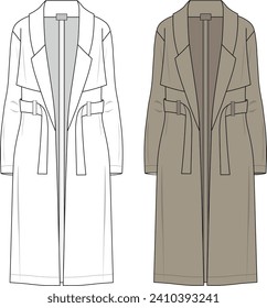 UNISEX WEAR LONG TRENCH ROBE COAT. Technical sketch woman trench coat. Trench coat technical fashion illustration with belt, double breasted, fitted, long sleeves, knee length, storm flap. 