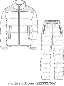 UNISEX WEAR SNOW SUIT PUFFER JACKET AND JOGGER SET FASHION FLAT VECTOR