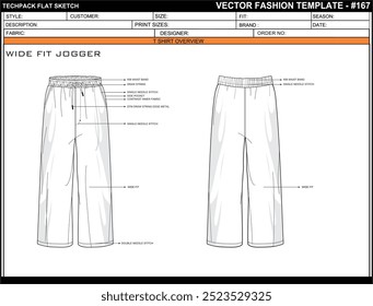 UNISEX WIDE FIT JOGGER FLAT SKETCH FASHION TEMPLATE TECHNICAL ILLUSTRATION