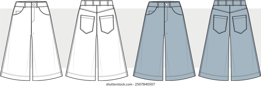  unisex wide leg denim jeans trouser pants front and back view flat sketch fashion illustration, Oversize Boot cut five pockets jeans denim pants cad drawing vector template