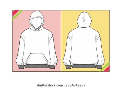 UNISEX WINTER HOODIE KANGAROO POCKET SKETCH FASHION TEMPLATE TECHNICAL DRAWING ILLUSTRATION