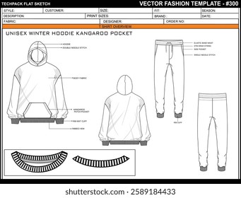 UNISEX WINTER HOODIE KANGAROO POCKET SKETCH FASHION TEMPLATE TECHNICAL DRAWING ILLUSTRATION