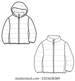 Caca de invierno unisex para los niños. Fuga de cultivo encapuchada, chaqueta técnica de la ilustración vectorial de moda.