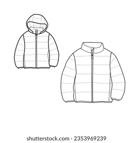 Unisex winter jacket padding for kids. Hooded crop puffer, jacket technical fashion vector illustration.