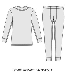 Unisex winter thermal underwear. Blank templates of long sleeve t-shirt and leggings. Isolated sweatshirt and pants. Front views. CAD technical illustration.