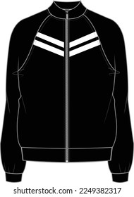 Unisex Zip Front Sweat. Sweat technical fashion illustration. Flat apparel jacket template front, black color. Unisex CAD mock-up.