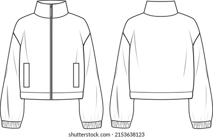 Unisex Zip Through Jacket  Technical fashion jacket illustration  Flat apparel jacket template front   back  white color  Unisex CAD mock  up 