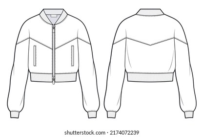 Plantilla de dibujo técnico plano de la moda Unisex Zip-up Bomber Jacket. La chaqueta de la ropa de la chica de frente y espalda, color blanco. Burla de CAD de mujeres.