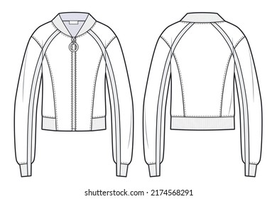 Unisex Zip-up Bomber Jacket fashion flat technical drawing template. Unisex Sweatshirt template front and back, white color, cad mockup.