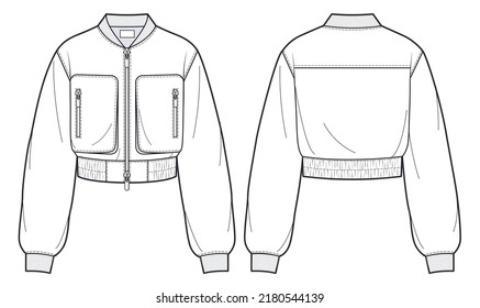 Unisex Zip  up Bomber Jacket fashion flat technical drawing template  Oversize sports Jacket  Sweatshirt fashion CAD mockup  front  back view  white  patch pockets  