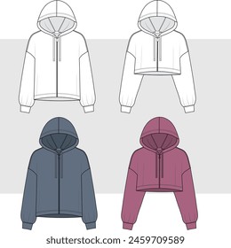 unisex Zip-up Hoody sweatshirt technical fashion illustration with long sleeves, oversized body, drawstring. cropped hoodie and sweatshirt set.