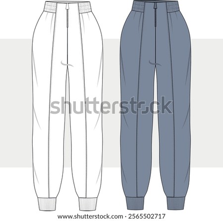 Unisex zip-up joggers pants. Joggers technical fashion illustration with elastic waistband. Fashion drawing, CAD mock up.
