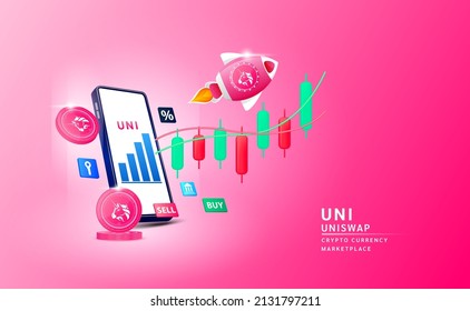 Moneda de Uniswap (UNI) con vuelo en nave espacial deja el smartphone al cielo y a la carta de valores. Aplicación para el comercio de moneda criptográfica en el mercado de valores. La criptodivisa bancaria móvil. Ilustración vectorial 3d. 