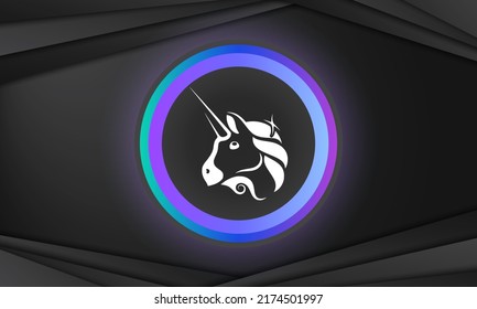 Uniswap cryptocurrency logo. Electronic money. Background of virtual money. Modern neon color banner. Cryptocurrency Blockchain technology concept.