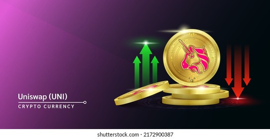 Uniswap token cryptocurrency banner. Future currency on blockchain stock market with red-green arrows up and down. Gold coins crypto currencies. Banner for news on a solid background. 3D Vector.