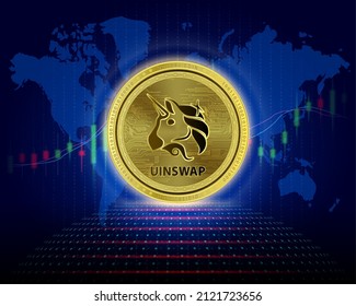Uniswap (UNI) Coin. 3D Vector illustration. Cryptocurrency blockchain (crypto currency) Future digital replacement technology Silver golden virtual currency growth share chart is background.