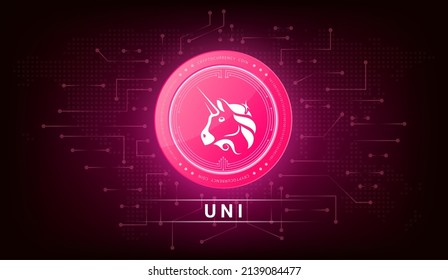 Símbolo (token) de criptodivisa de la moneda Uniswap (UNI). Icono de moneda en fondo oscuro. Tecnología para las finanzas en la cadena internacional de bloqueo de acciones. Ilustración vectorial.