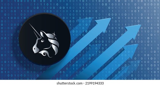 Uniswap (UNI) crypto currency logo coin on futuristic financial technology background and banner vector illustration. Can be used as cover, header, backdrop, poster, wallpaper and print design