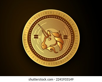 Uniswap (UNI) crypto currency symbol and logo on gold coin. Virtual money concept token based on blockchain technology. 
