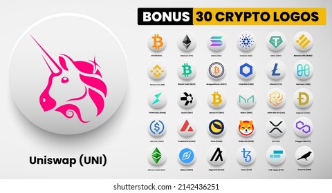 Uniswap UNI crypto logo symbols of cryptocurrency. Set of Bitcoin, Ethereum, Solana, Binance Coin, Binance USD, litecoin,avalanche, chainlink, maker, dogecoin, USD Coin, Shiba Inu, Polygon, and Helium