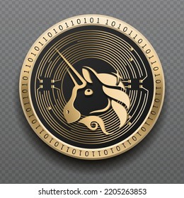 Uniswap (UNI) cryptocurrency golden coin isolated in transparent background. Virtual currency token symbol vector illustration based on cryptography and block chain technology.