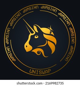 Uniswap UNI cryptocurrency golden symbol on black background. Blockchain currency banner for Uniswap icon. Black and gold vector illustration.