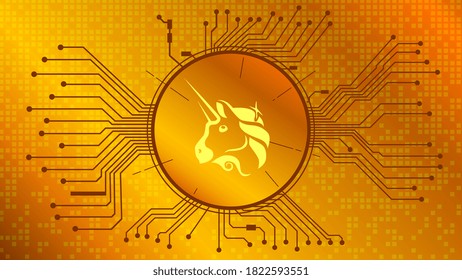 Uniswap UNI cryptocurrency token symbol of the DeFi project in circle with PCB tracks on gold background. Currency icon. Decentralized finance programs. Vector EPS10.