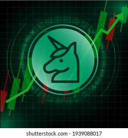 Uniswap (UNI) cryptocurrency value price going up concept design. Glowing Dash Coin on Green candle stick charts with black and green background.Vector Illustration.EPS10.