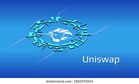 Uniswap UNI isometric token symbol of the DeFi project in digital circle on blue background. Cryptocurrency icon. Decentralized finance programs. Vector EPS10.