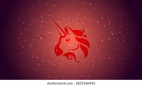 UniSwap UNI token symbol of the DeFi project cryptocurrency theme on a blue polygonal background. Cryptocurrency logo icon. Decentralized finance programs. Vector EPS10.