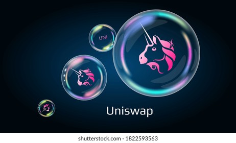 Uniswap UNI token symbol in soap bubble, coin DeFi project decentralized finance. The financial pyramid will burst soon and destroyed. Vector EPS10.