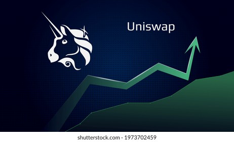 Uniswap UNI in uptrend and price is rising. Crypto coin symbol and green up arrow. Uniswap flies to the moon. Vector illustration.