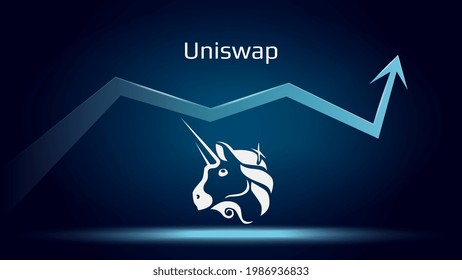 Uniswap UNI in uptrend and price is rising. Crypto coin symbol and up arrow. Uniswap flies to the moon. Vector illustration.