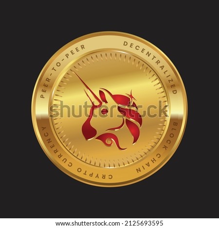 Uniswap (UNI)crypto currency token logo in red color concept on gold coin isolated in black background. Vector illustration 