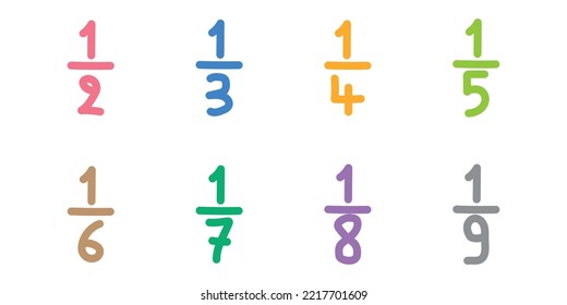 Unit fraction number. Half, third, quarter, fifth, sixth, seventh, eighth, ninth, tenth. Numerator, denominator and fraction bar. Vector illustration isolated on white background.