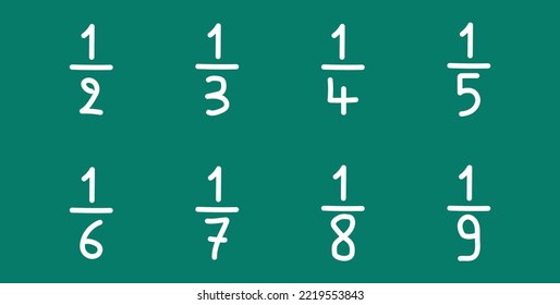 Unit fraction number. Half, third, quarter, fifth, sixth, seventh, eighth, ninth, tenth. Numerator, denominator and fraction bar. Vector illustration isolated on green background.