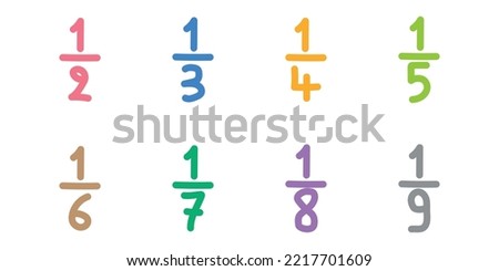Unit fraction number. Half, third, quarter, fifth, sixth, seventh, eighth, ninth, tenth. Numerator, denominator and fraction bar. Vector illustration isolated on white background.