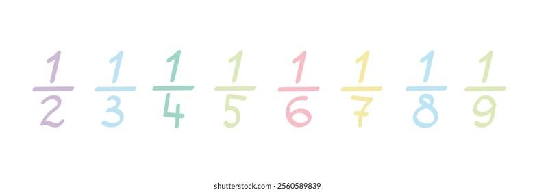 Unit fraction numbers collection.Hand drawn numbers. Half, third, quarter and other proportion chart. Vector illustration