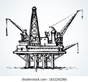 Unit marine float heavy refine mine station structure metal cargo tank set isolate on white sky. Line black hand drawn steel tanker supply logo sign symbol. Art sketch cartoon graphic draw vector icon