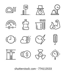 Unit Of Measurement Icon Set. Included The Icons As Miles, Meter, Tonne, Kilogram, Decibel, Degrees Celsius And More.