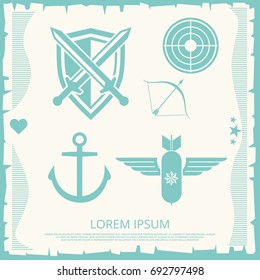 Unit military army and navy elements - anchor, swords, arrow, bomb. Vector illustration