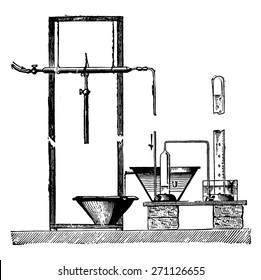 Unit of Sainte-Claire Deville to separate the gas, vintage engraved illustration. Industrial encyclopedia E.-O. Lami - 1875. 