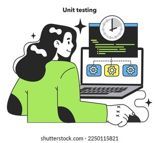 Unit testing level. Software testing methodology. IT specialist searching for bugs in code. Website and application development. Flat vector illustration