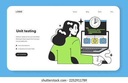Unit Testlevel Web Banner oder Landing Page. Software-Testmethoden. IT-Spezialist, der nach Fehlern im Code sucht. Website und Anwendungsentwicklung. Flache Vektorgrafik