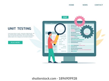 Unit testing web page design with tiny man character checking a computer program with huge magnifier, flat vector illustration. Computer or application software test.