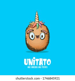 Unitato - half unicorn half potato cartoon potato character with horn and color funky hair isolated on white background. Unicorn potato concept print for kids t hirt , poster and greeting cards