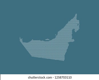 Unite Arab Emirates or UAE vector map using white binary digits on dark background to mean digital country and the advancement of technology illustration