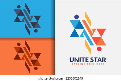 Unite Star Logo Design. Abstract Colorful Star with Connection People Style Concept.