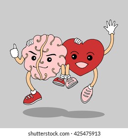 unite together heart and brain will get success and happy, hand drawn vector illustration design