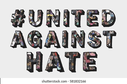 United against hate protest sign with unique texture of demonstrating crowd in color